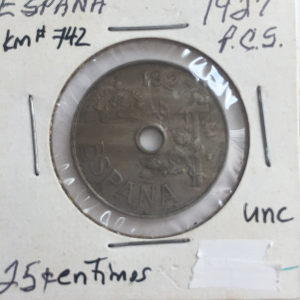 Spain, 25 Centimos, 1927, UNC
