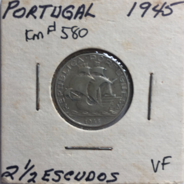 Portugal, 2 1/2 Escudos, 1945, VF