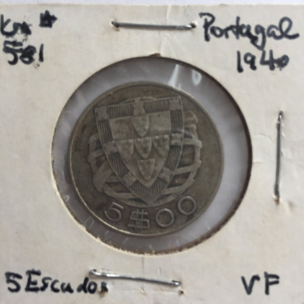 Portugal, 5 Escudos, 1940, VF