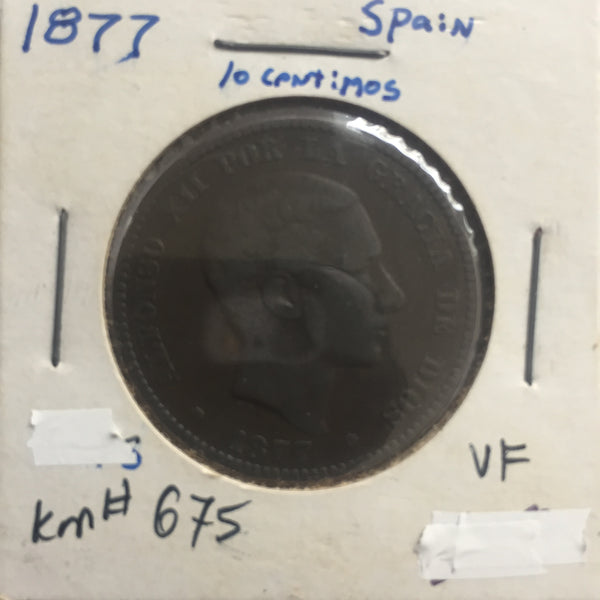 Spain, 10 Centimos, 1877, VF
