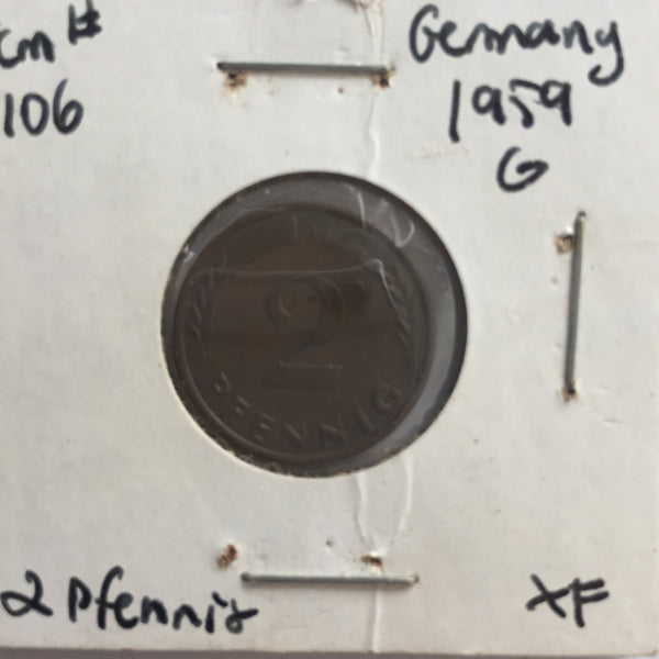Germany, 2 Pfennig, 1959 G, XF