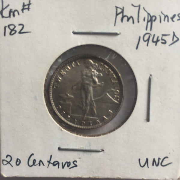 Philippines, 20 Centavos, 1945 D, UNC