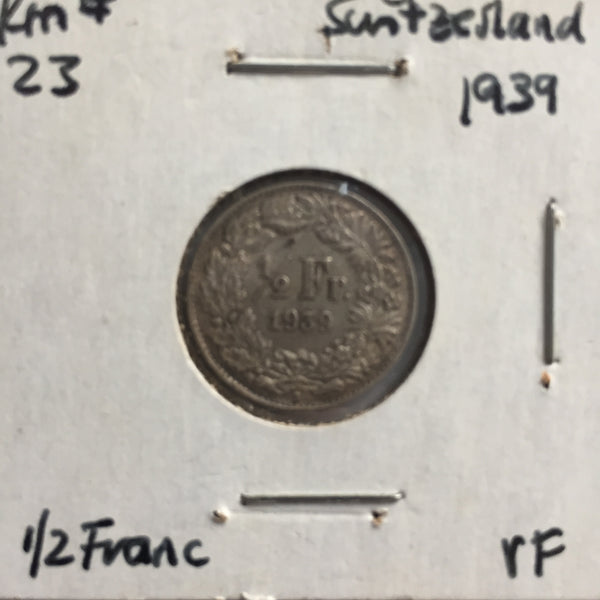 Switzerland, 1/2 Franc, 1939, VF