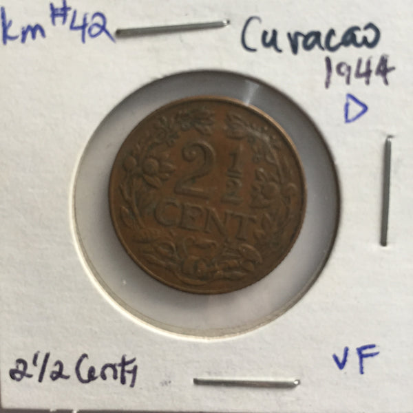 Curacao, 2 1/2 Cents, 1944 D, VF
