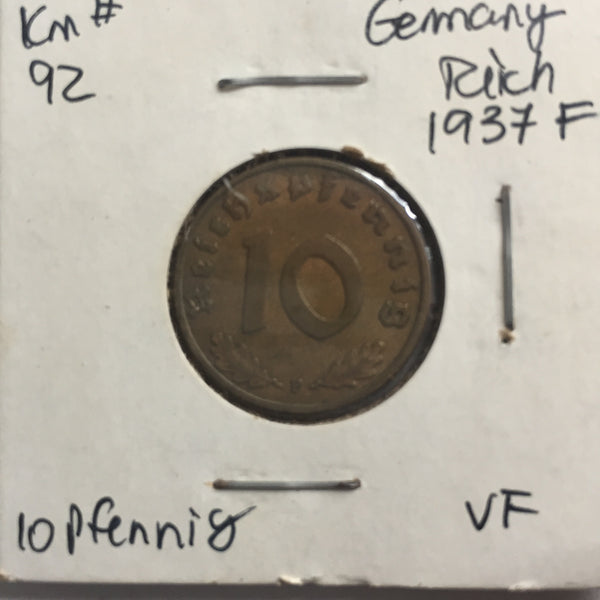 Germany, 10 Reichspfennig, 1937 F, VF