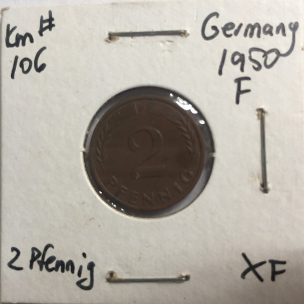 Germany, 2 Pfennig, 1950 F, XF