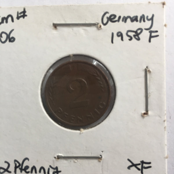 Germany, 2 Pfennig, 1958 F, XF