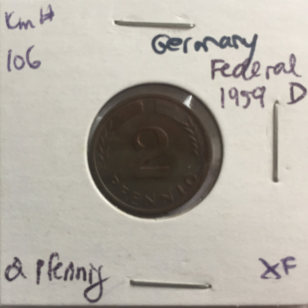 Germany, 2 Pfennig, 1959 D, XF