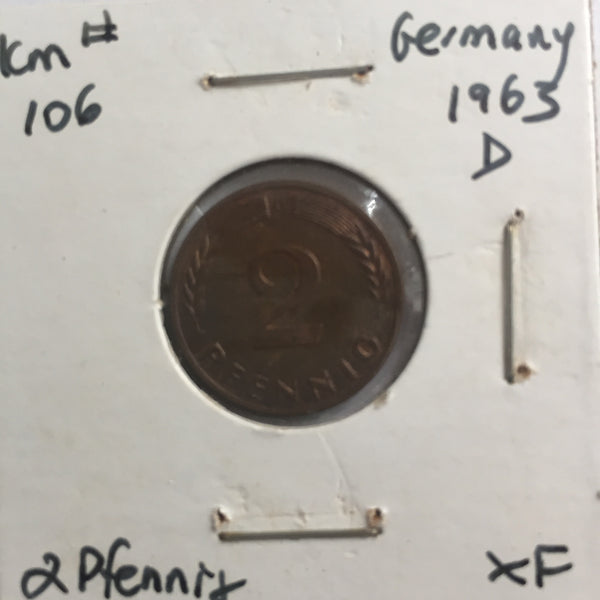 Germany, 2 Pfennig, 1963 D, XF