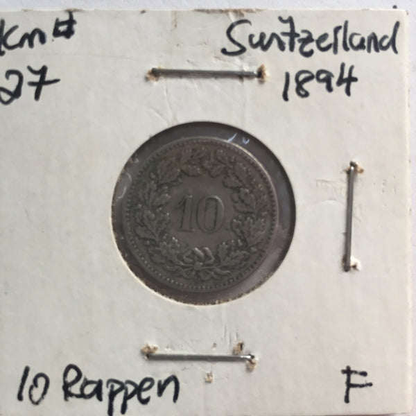 Switzerland, 10 Rappen, 1894, F