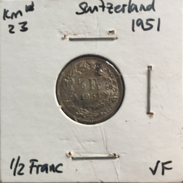 Switzerland, 1/2 Franc, 1951, VF