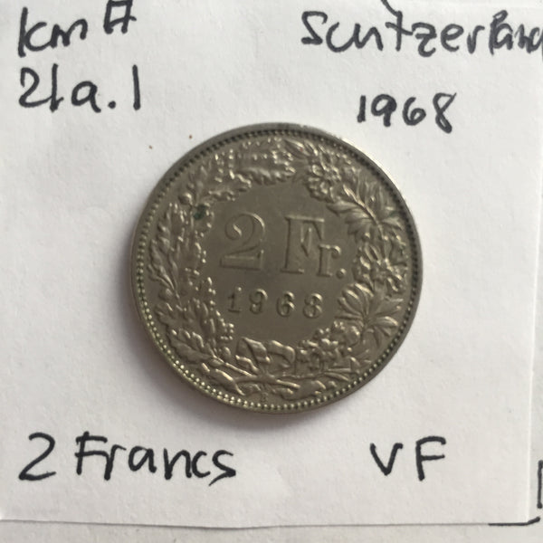Switzerland, 2 Francs, 1968, VF
