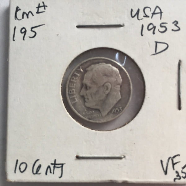 United States, 10 Cents, 1953 D, VF 35