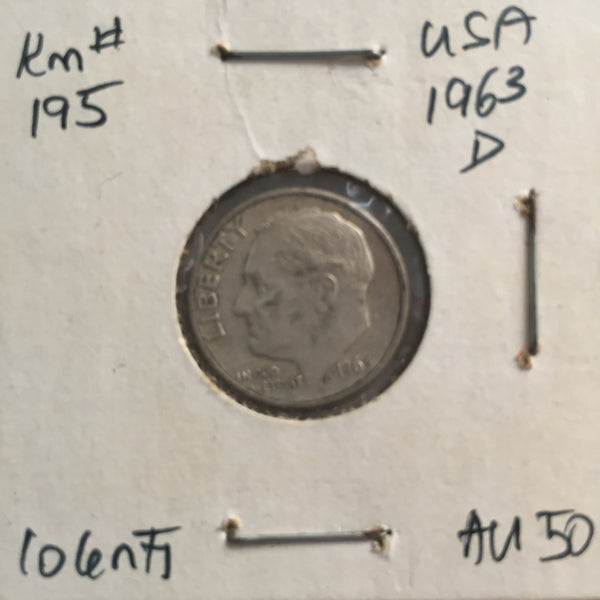 United States, 10 Cents, 1963 D, AU 50