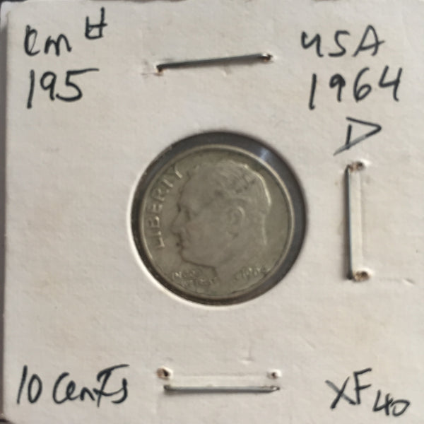 United States, 10 Cents, 1964 D, XF 40