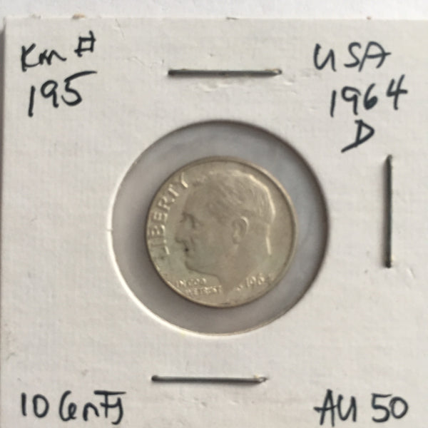 United States, 10 Cents, 1964 D, AU 50
